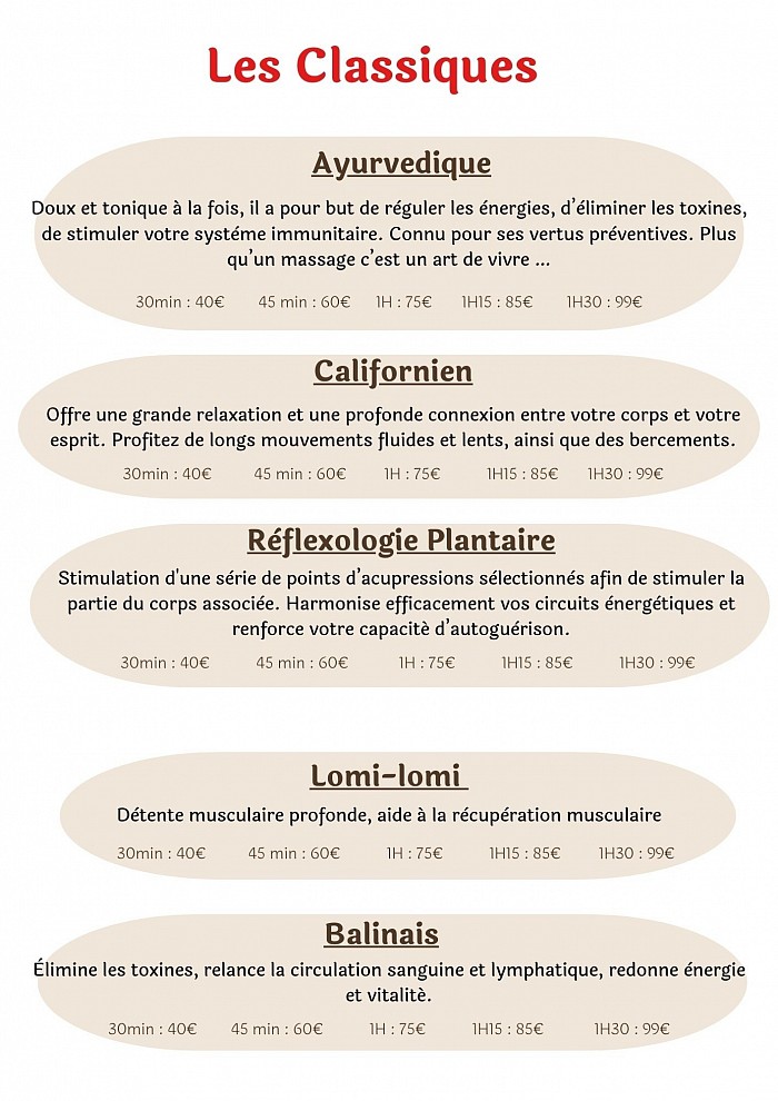 massage Ayurvedique, Californien, Suédois, Réflexologie plantaire